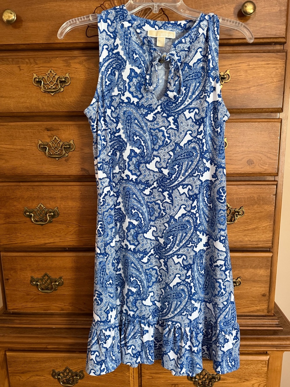 Michael Kors Sleeveless Blue Paisley Ruffle-Hem Dress